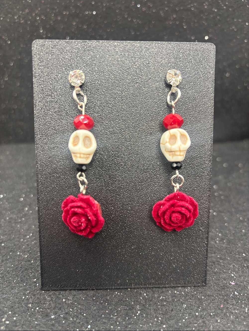 Skull & Rose Dangle Earrings | Gothic Floral Earrings - Picture 4 of 5